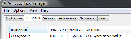 Windows Task Manager showing OCSSync.exe process running